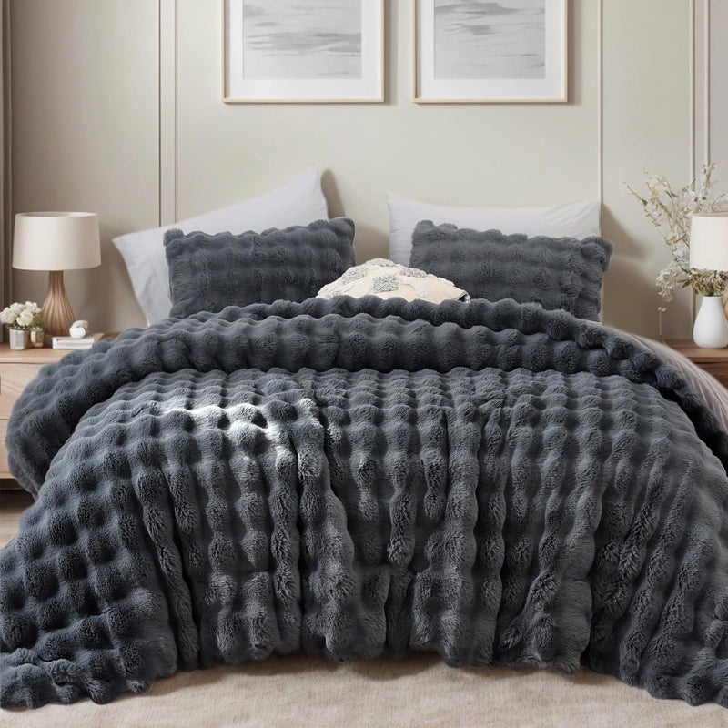YIKUSH Dark Gray Comforter Set Queen â€“ Ultra Soft & Warm Faux Fur Comforter for Winter, Elegant Fluffy Comforter Queen Set with Pillowcases, Cozy Gray Queen Bedding Set - Image 1