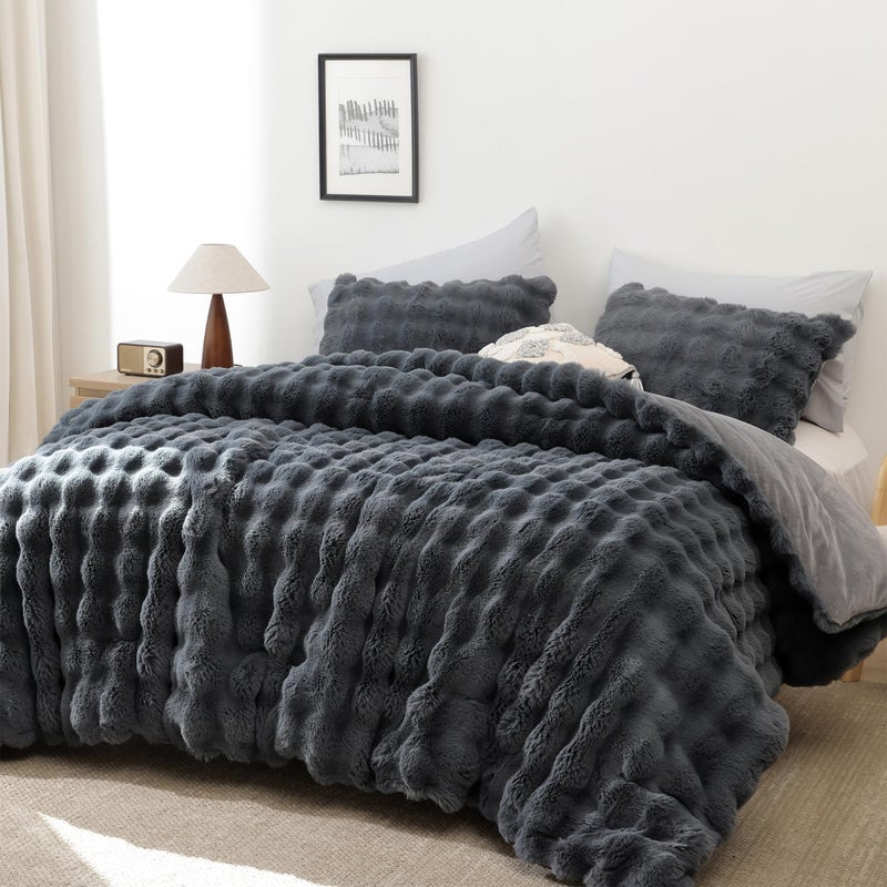 YIKUSH Dark Gray Comforter Set Queen â€“ Ultra Soft & Warm Faux Fur Comforter for Winter, Elegant Fluffy Comforter Queen Set with Pillowcases, Cozy Gray Queen Bedding Set - Image 4