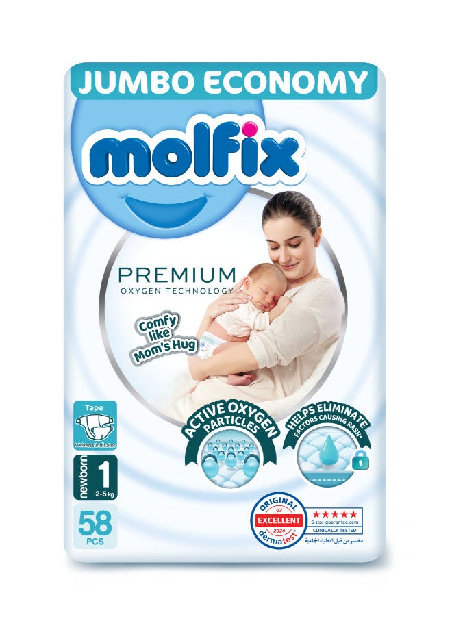 Molfix premium Newborn Oxygen Baby Diapers size 1, 58 Piece  - Image 1