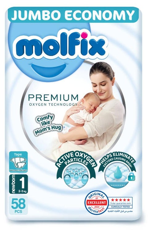 Molfix Premium O2 - Baby Diapers - Jumbo Pack - Newborn Size 1 - 58 Pieces