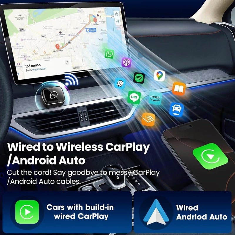 YEARWIN 1 YEAR WARRANTY 2 in1 Wireless Carplay Adapter and Android Auto Adapter for Car |Converts Wired to Wireless, Bluetooth Connectivity, Only for Cars with OEM Installed Wired Android Auto and iOS - Image 2