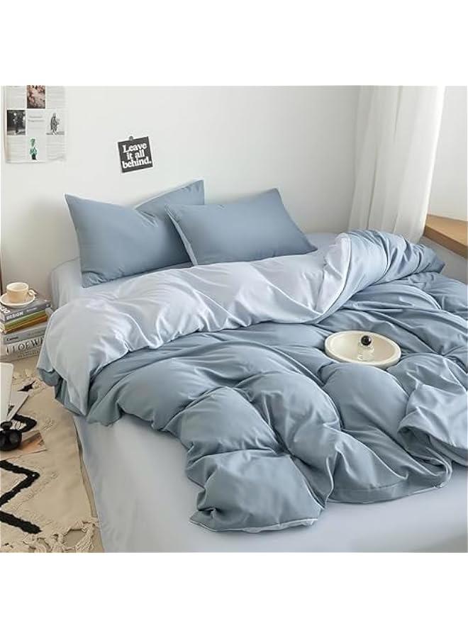 هوكور طقم غطاء لحاف قطني 4 قطع غطاء لحاف ناعم من الألياف الدقيقة مع إغلاق بسحاب يشمل 1 غطاء لحاف 1 ملاءة مسطحة و 2 غطاء وسادة أزرق ضبابي 220x240 سم