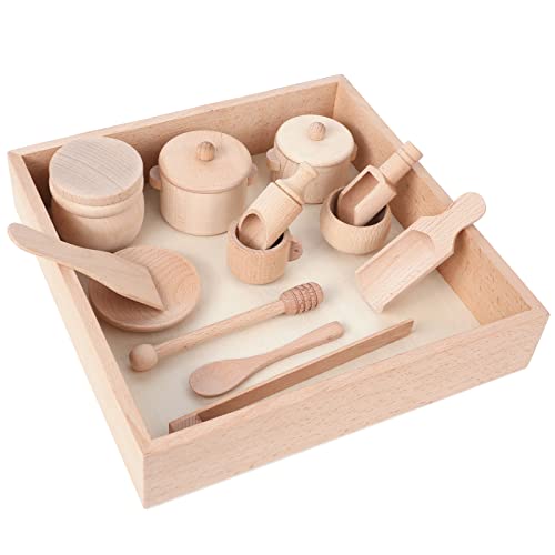 BBtinker Montessori Sensory Bin Tools Toy with Wooden Box for Toddlers Pretend Play Dish Toys Wooden Bowls Scoop Tongs Transfer Work Pouring Set Kids Fine Motor Skills Development - Image 1