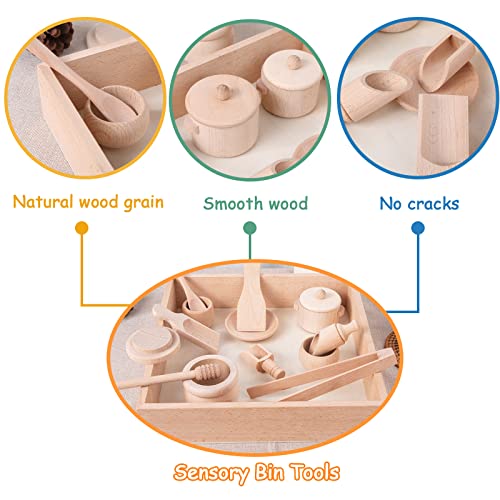 BBtinker Montessori Sensory Bin Tools Toy with Wooden Box for Toddlers Pretend Play Dish Toys Wooden Bowls Scoop Tongs Transfer Work Pouring Set Kids Fine Motor Skills Development - Image 5
