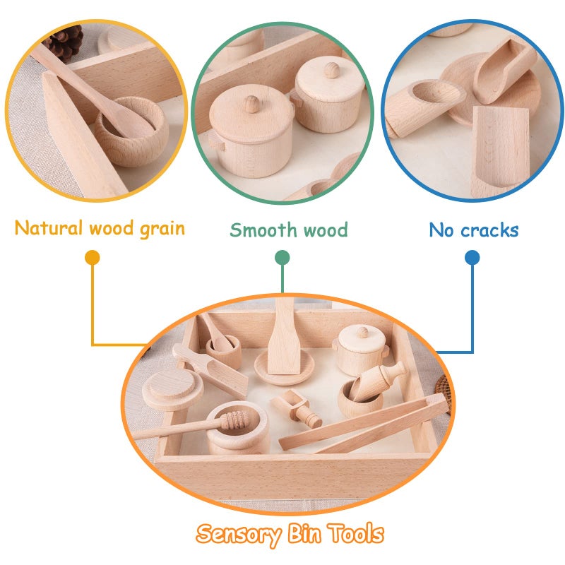 BBtinker Montessori Sensory Bin Tools Toy with Wooden Box for Toddlers Pretend Play Dish Toys Wooden Bowls Scoop Tongs Transfer Work Pouring Set Kids Fine Motor Skills Development - Image 3