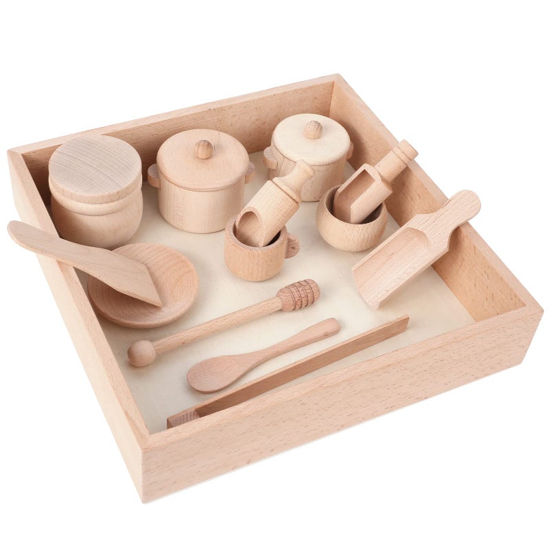 BBtinker Montessori Sensory Bin Tools Toy with Wooden Box for Toddlers Pretend Play Dish Toys Wooden Bowls Scoop Tongs Transfer Work Pouring Set Kids Fine Motor Skills Development - Image 2