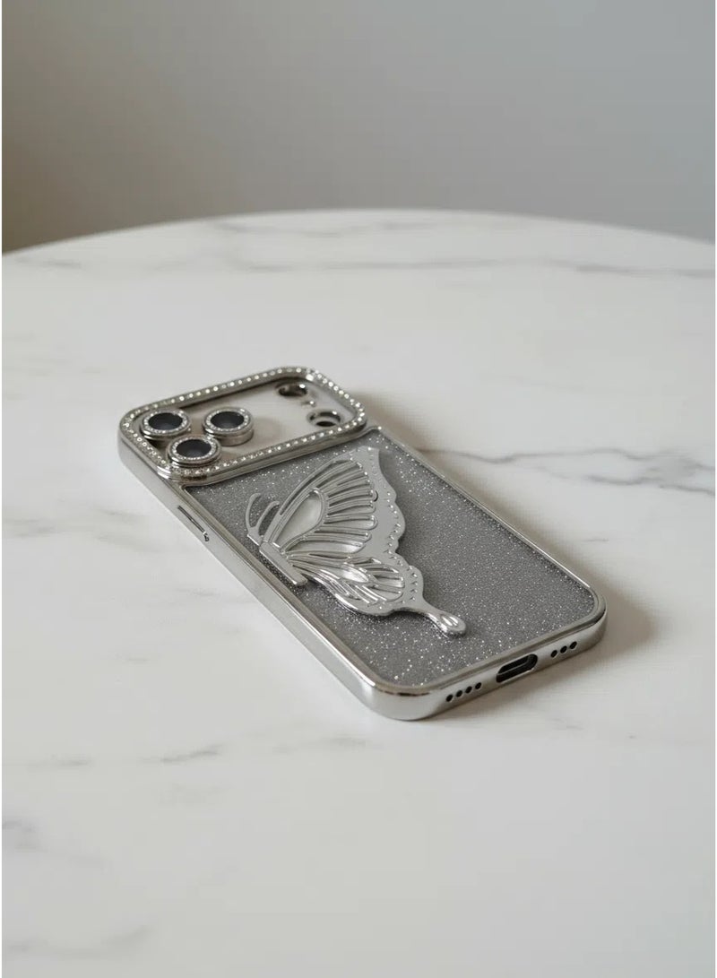 iPhone 17 Pro Max Case with Butterfly Kickstand，【Anti-Yellowing】Crystal Clear  Military-Grade Protection Airbag Shockproof Back Cover, Ultra Slim Phone Case for iPhone 17 Pro Max——Silvery - Image 4