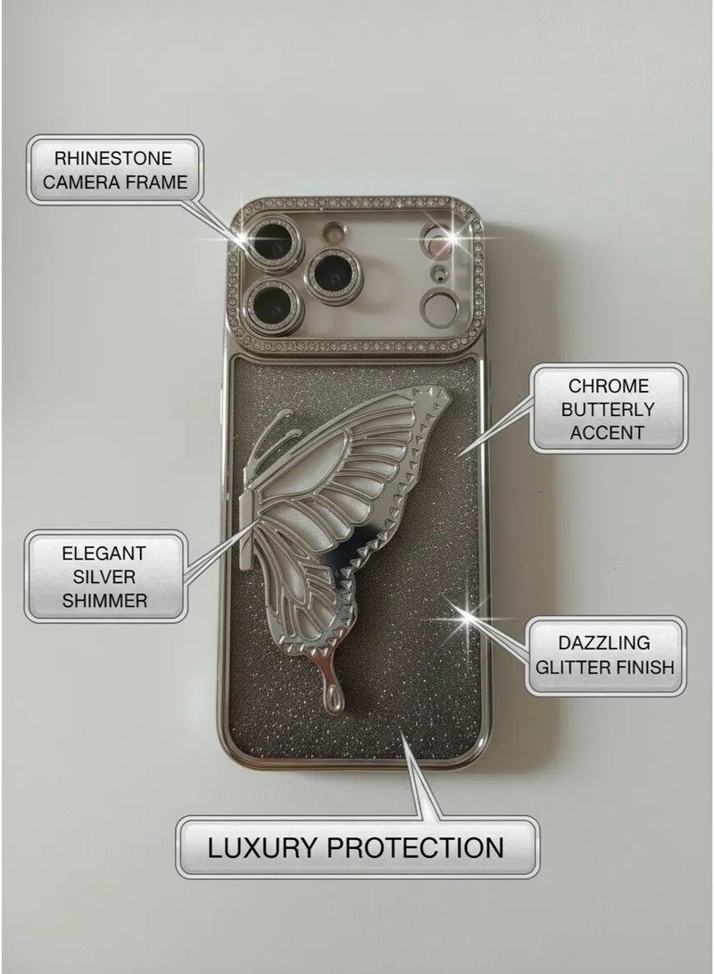 iPhone 17 Pro Max Case with Butterfly Kickstand，【Anti-Yellowing】Crystal Clear  Military-Grade Protection Airbag Shockproof Back Cover, Ultra Slim Phone Case for iPhone 17 Pro Max——Silvery - Image 3