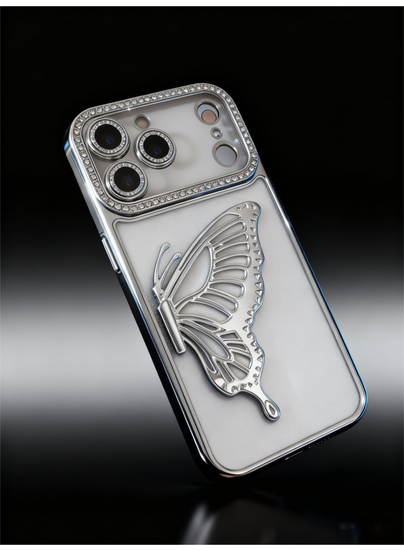 iPhone 17 Pro Max Case with Butterfly Kickstand，【Anti-Yellowing】Crystal Clear  Military-Grade Protection Airbag Shockproof Back Cover, Ultra Slim Phone Case for iPhone 17 Pro Max——Silvery - Image 1