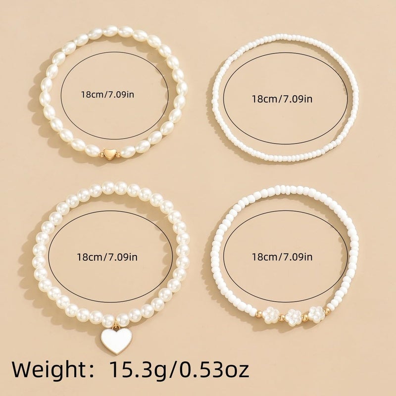 Hremhoo Pearl Bracelets for Women Simulated Pearl Beaded Bracelet White Pearls Stackable Stretch Bracelet Set Multilayered Elastic Pearls Bracelets for Women Bridesmaid Bridal Jewelry (white heart) - Image 5