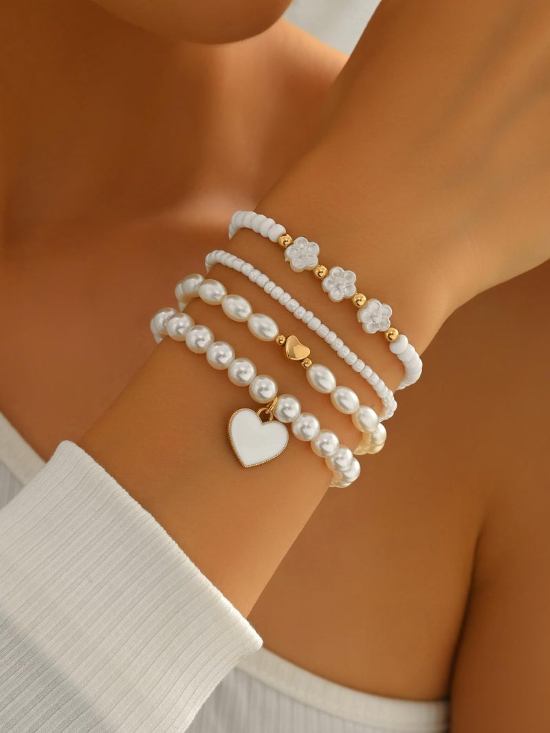 Hremhoo Pearl Bracelets for Women Simulated Pearl Beaded Bracelet White Pearls Stackable Stretch Bracelet Set Multilayered Elastic Pearls Bracelets for Women Bridesmaid Bridal Jewelry (white heart) - Image 4