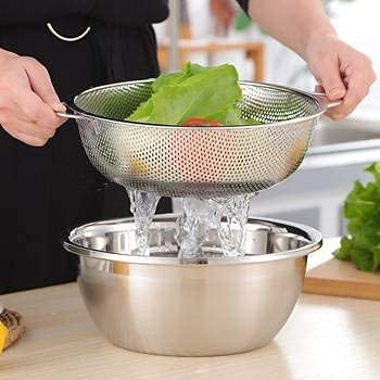 BSBDA Stainless Steel Rice Washing Bowl for Kitchen Fruit Basket Kitchen Colander Strainers Vegetable Basin Fruit Basket Silver Steel Fruit Vegetable Basket - Image 3