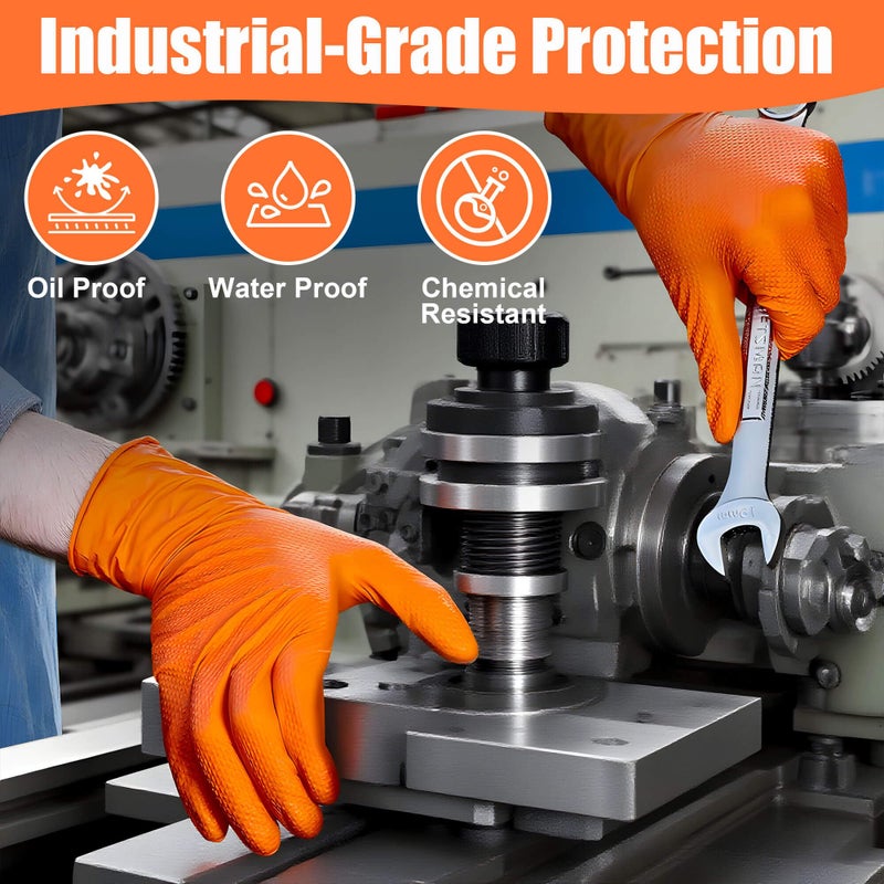 TREEGO 10 Mil Orange Nitrile Gloves Heavy Duty â€” High-Visibility Diamond Texture Grip, Latex Free Disposable Mechanic Rubber Gloves, X-Large, 100 Count - Image 3