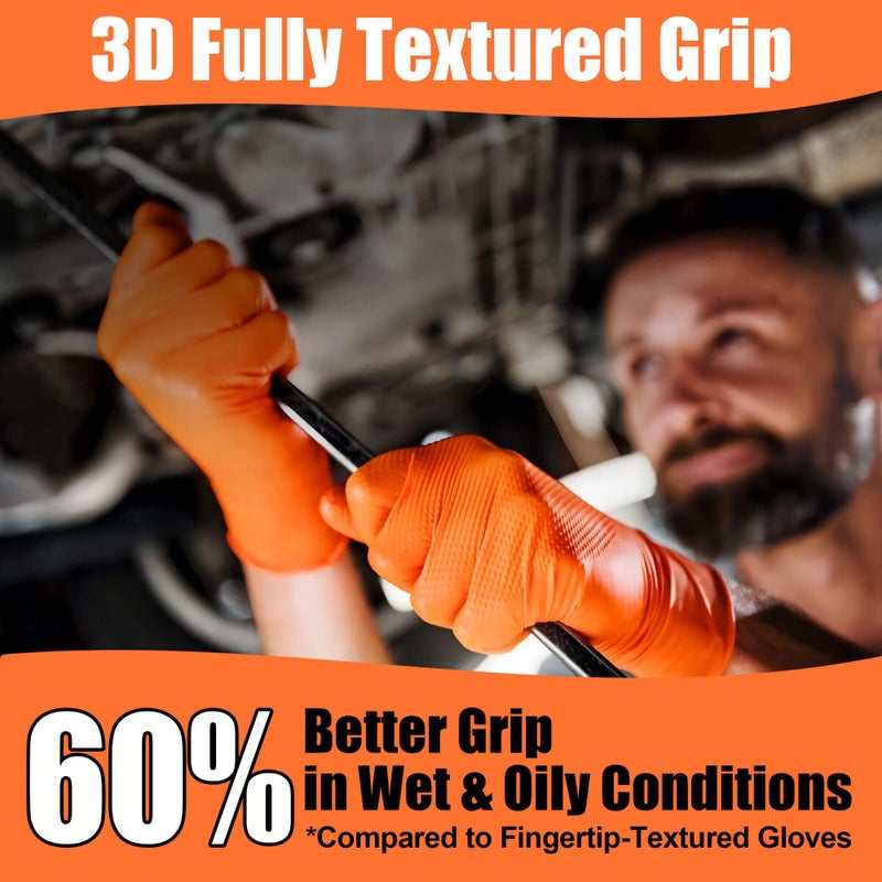 TREEGO 10 Mil Orange Nitrile Gloves Heavy Duty â€” High-Visibility Diamond Texture Grip, Latex Free Disposable Mechanic Rubber Gloves, X-Large, 100 Count - Image 2