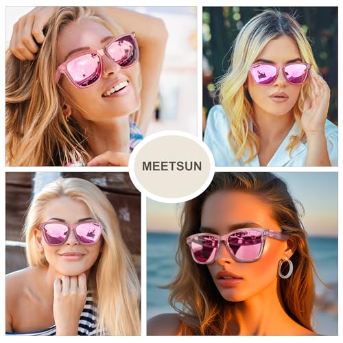 MEETSUN Polarized Sunglasses for Women Men Trendy Classic Designer Retro Driving Sun Glasses - Pink Frame/Pink Mirrored Lens - Image 2