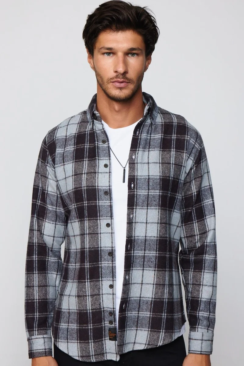 Tudors Slim Fit Slim Fit Button Down Collar Plaid Lumberjack Black-Grey Men's Shirt