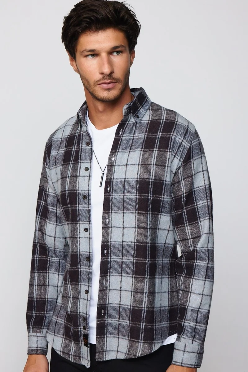 Tudors Slim Fit Slim Fit Button Down Collar Plaid Lumberjack Black-Grey Men's Shirt