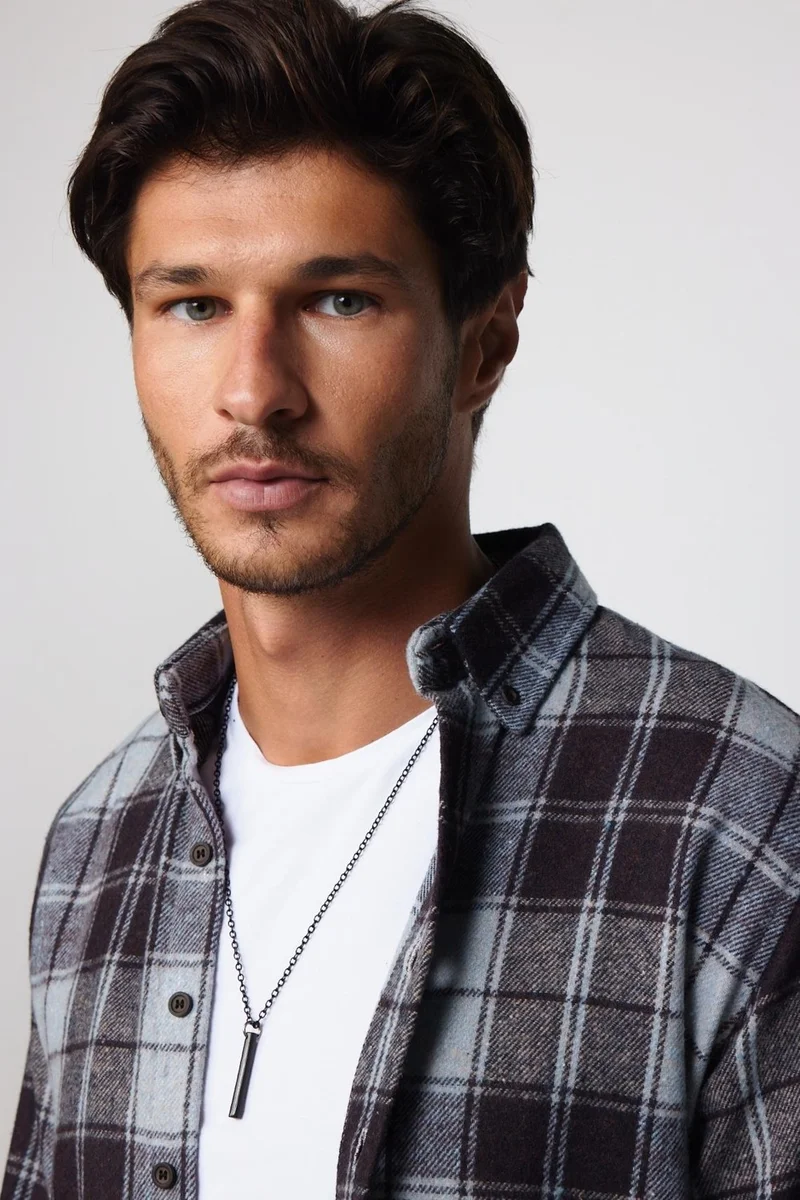 Tudors Slim Fit Slim Fit Button Down Collar Plaid Lumberjack Black-Grey Men's Shirt