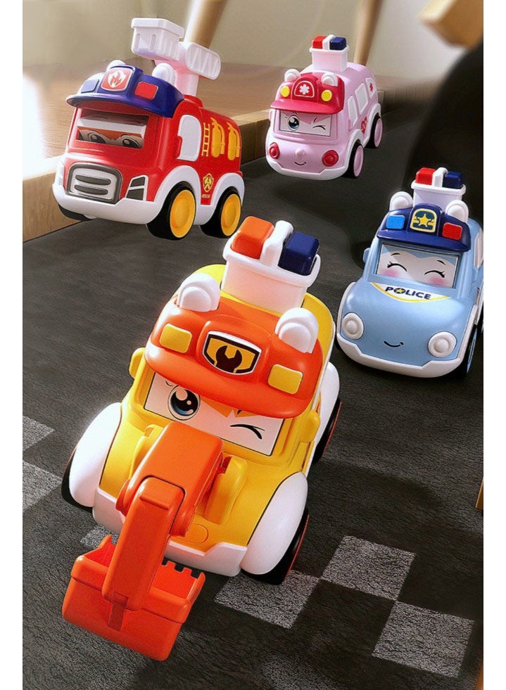 HALAMODO 【4-Pack】Adorable Push-And-Go Toy Car Set | Includes Ambulance/Police/Construction/Fire Truck | With 3 Changeable Expressions | ABS Safe Material With Smooth Edges | Battery-Free Press-To-Go Design | Develops Crawling/Walking/Running Skills | 9*8.5*6cm Perfect Size | Durable Early Learning Toy - Image 2
