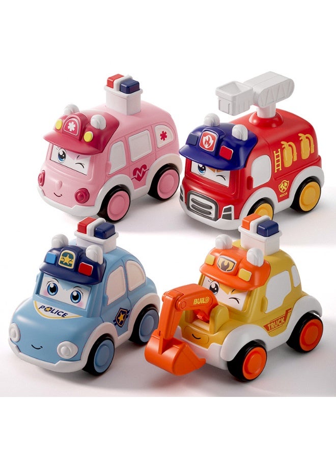 HALAMODO 【4-Pack】Adorable Push-And-Go Toy Car Set | Includes Ambulance/Police/Construction/Fire Truck | With 3 Changeable Expressions | ABS Safe Material With Smooth Edges | Battery-Free Press-To-Go Design | Develops Crawling/Walking/Running Skills | 9*8.5*6cm Perfect Size | Durable Early Learning Toy - Image 1