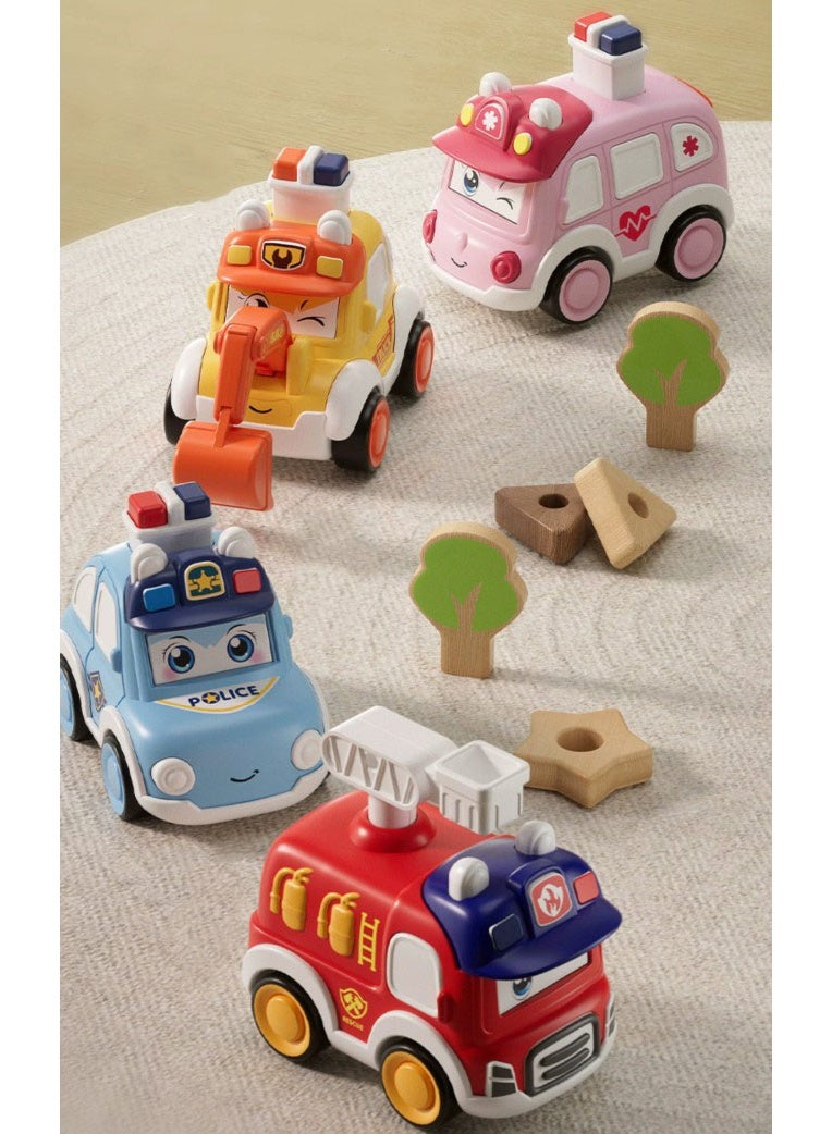 HALAMODO 【4-Pack】Adorable Push-And-Go Toy Car Set | Includes Ambulance/Police/Construction/Fire Truck | With 3 Changeable Expressions | ABS Safe Material With Smooth Edges | Battery-Free Press-To-Go Design | Develops Crawling/Walking/Running Skills | 9*8.5*6cm Perfect Size | Durable Early Learning Toy - Image 5