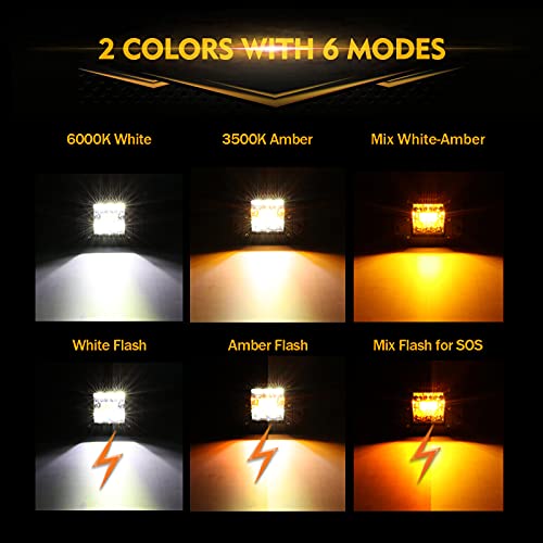 Auxbeam 3 Inch 72W LED Cube Light Pods, 6 Modes Amber/White Strobe Light Bar Spot Flood Offroad Driving Flashing Fog Lights Dual Color Auxiliary Light for Truck SUV Boat Jeep - Image 2