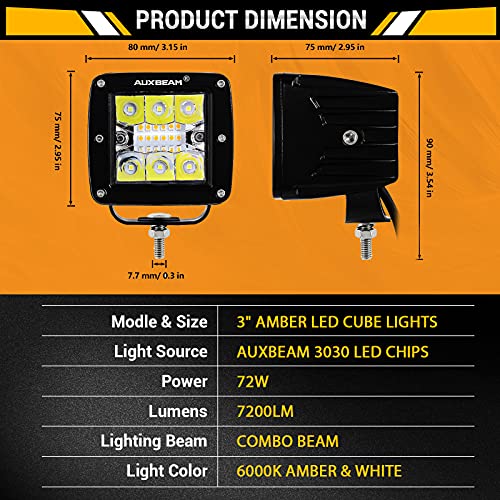 Auxbeam 3 Inch 72W LED Cube Light Pods, 6 Modes Amber/White Strobe Light Bar Spot Flood Offroad Driving Flashing Fog Lights Dual Color Auxiliary Light for Truck SUV Boat Jeep - Image 5