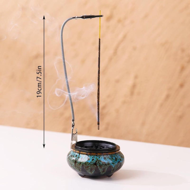 LamDawn Ceramic Incense Burner with Incense Stick Holder + Insulation use for Stick or Coil Incense, Sage Cones and Frankincense (Fambe Blue) - Image 2