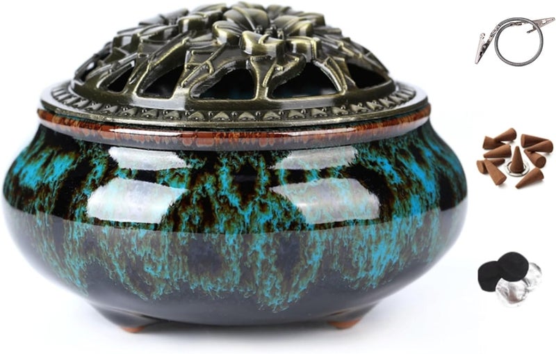 LamDawn Ceramic Incense Burner with Incense Stick Holder + Insulation use for Stick or Coil Incense, Sage Cones and Frankincense (Fambe Blue) - Image 1
