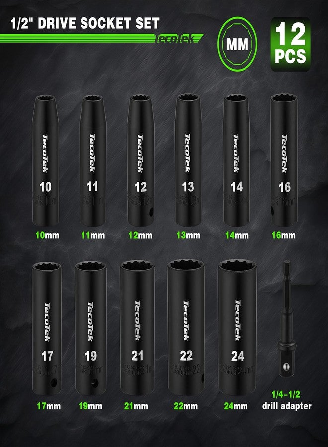 TecoTek 12 Pieces 1/2-Inch Drive Deep 12-Point Metric Impact Socket Set, Cr-V, 10mm to 24mm, Drill Socket Adapter 1/2" - Image 2