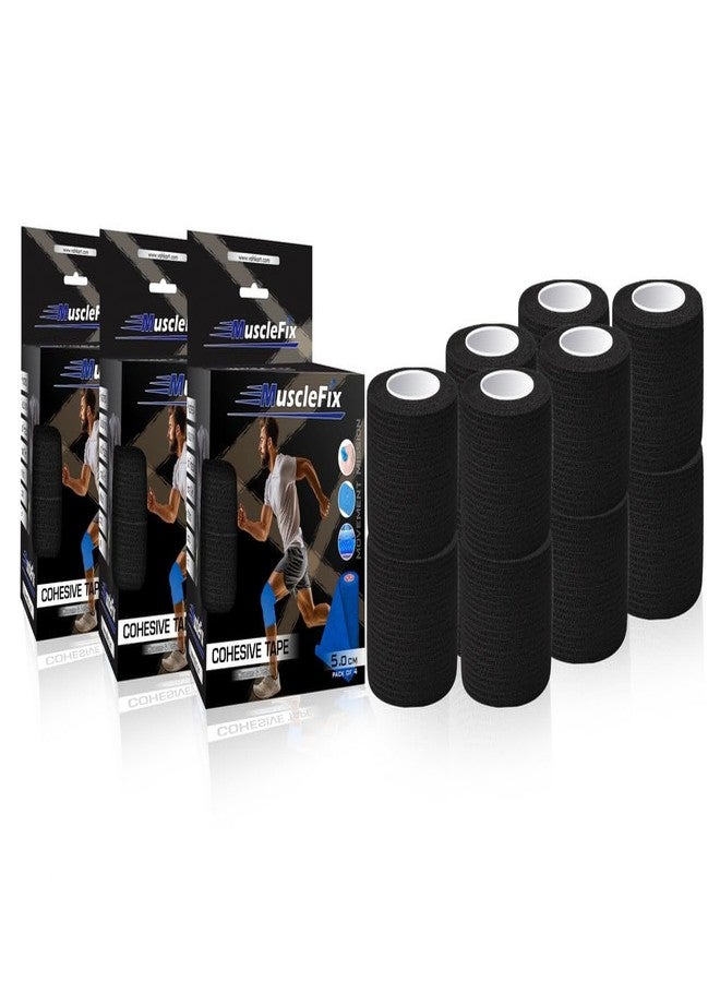 MuscleFix Breathable Self Adhesive Cohesive Bandage Wrap - Athletic Non-Woven for Sports, Medical Use, Injuries, Strains, Knee & Wrist Support, Ankle Sprains & Swelling - Suitable for Humans & Pets (4.5mtr - Pack Of 12) (Black, 5 cm (2" Inch)) - Image 1