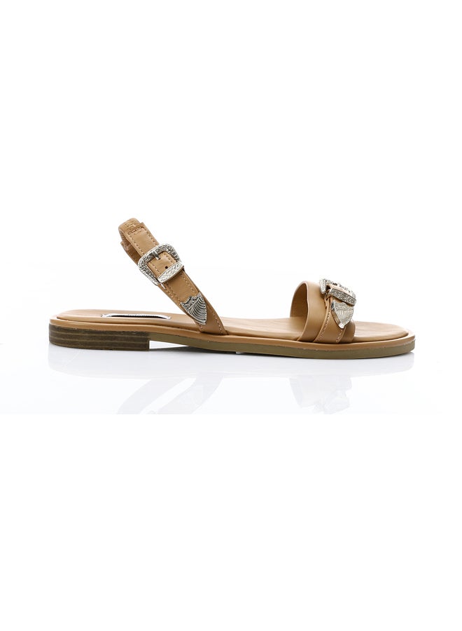 DejaVu Decorative Buckle Dark Beige Flat Sandals  - Image 1