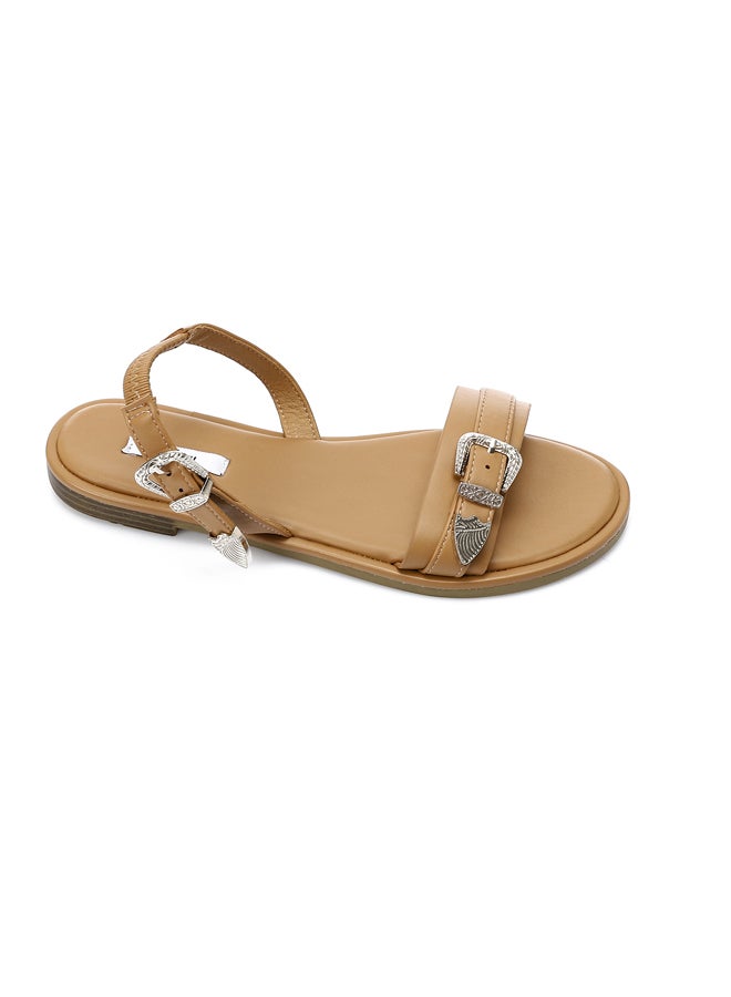 DejaVu Decorative Buckle Dark Beige Flat Sandals  - Image 5
