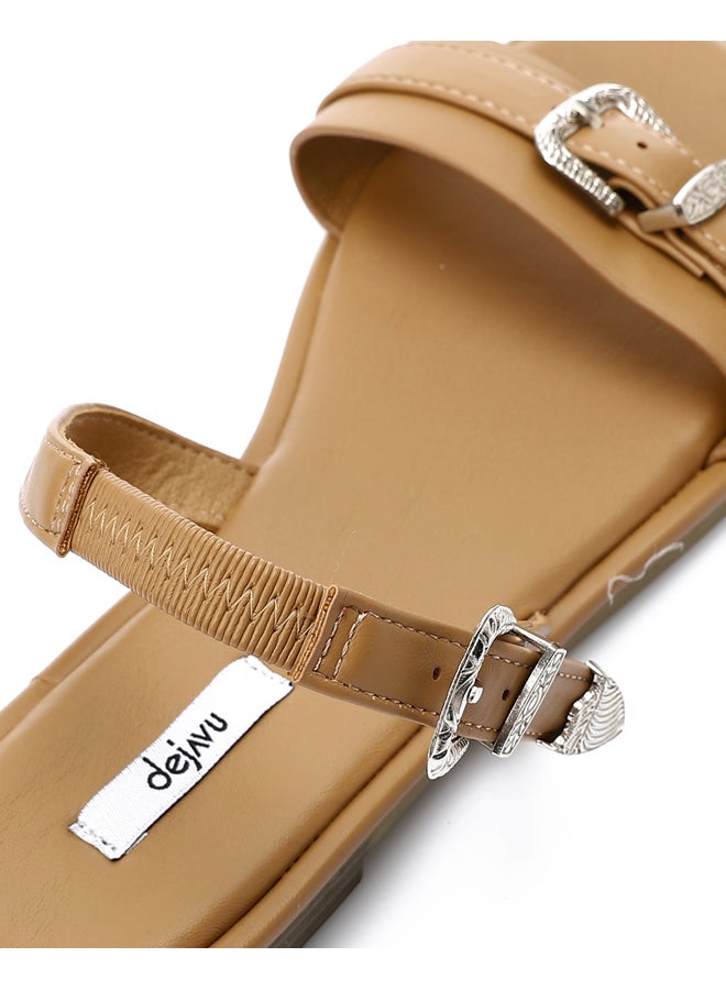 DejaVu Decorative Buckle Dark Beige Flat Sandals  - Image 4