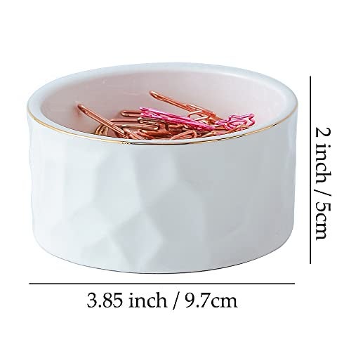 YOSCO Paper Clip Holder Ceramic Round Paper Clips Dispenser for Desk Cute,Gold Line Office Binder Clips Dispenser Organizer (White) - Image 2
