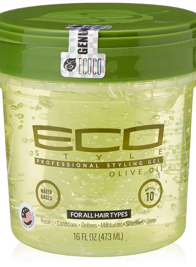 Eco Style جيل إيكوكو إيكو ستايل بزيت الزيتون - 100% زيت زيتون نقي - يضيف لمعانًا ويهذب الأطراف المتقصفة - ستايل خفيف الوزن - يغذي ويصلح - يضيف رطوبة لفروة الرأس - ثبات ممتاز - لمعان صحي - 16 أونصة - Image 1