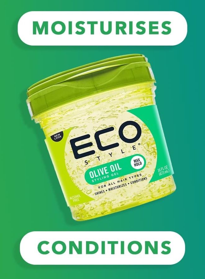 Eco Style جيل إيكوكو إيكو ستايل بزيت الزيتون - 100% زيت زيتون نقي - يضيف لمعانًا ويهذب الأطراف المتقصفة - ستايل خفيف الوزن - يغذي ويصلح - يضيف رطوبة لفروة الرأس - ثبات ممتاز - لمعان صحي - 16 أونصة - Image 3