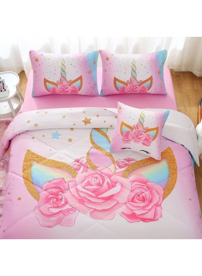 Keyroal 6Pcs Unicorn Full Bedding Sets for Girls Kids, 3D Colorful Flower Girl Unicorn Comforter Set with Sheet Set  - Image 2