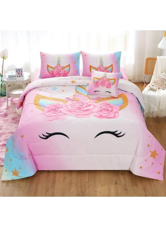 Keyroal 6Pcs Unicorn Full Bedding Sets for Girls Kids, 3D Colorful Flower Girl Unicorn Comforter Set with Sheet Set  - Image 3