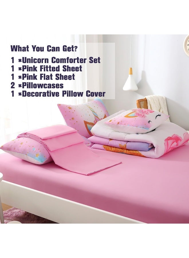 Keyroal 6Pcs Unicorn Full Bedding Sets for Girls Kids, 3D Colorful Flower Girl Unicorn Comforter Set with Sheet Set  - Image 4