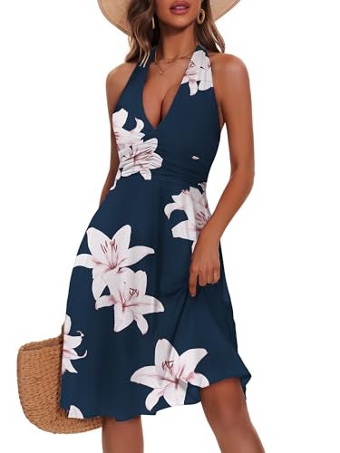 HUHOT Spring Easter Casual Summer Dresses for Women Petite Sexy Vacation Curvy Halter Sundress Navy Blue Flower with Pockets Outfits Resort Wear Semi Formal Wedding Guest Sun Dress Beach Milkmaid - Image 1
