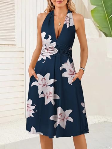 HUHOT Spring Easter Casual Summer Dresses for Women Petite Sexy Vacation Curvy Halter Sundress Navy Blue Flower with Pockets Outfits Resort Wear Semi Formal Wedding Guest Sun Dress Beach Milkmaid - Image 5