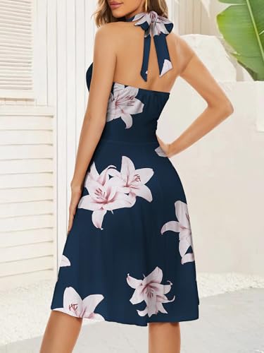 HUHOT Spring Easter Casual Summer Dresses for Women Petite Sexy Vacation Curvy Halter Sundress Navy Blue Flower with Pockets Outfits Resort Wear Semi Formal Wedding Guest Sun Dress Beach Milkmaid - Image 2