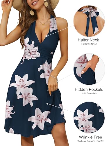 HUHOT Spring Easter Casual Summer Dresses for Women Petite Sexy Vacation Curvy Halter Sundress Navy Blue Flower with Pockets Outfits Resort Wear Semi Formal Wedding Guest Sun Dress Beach Milkmaid - Image 4