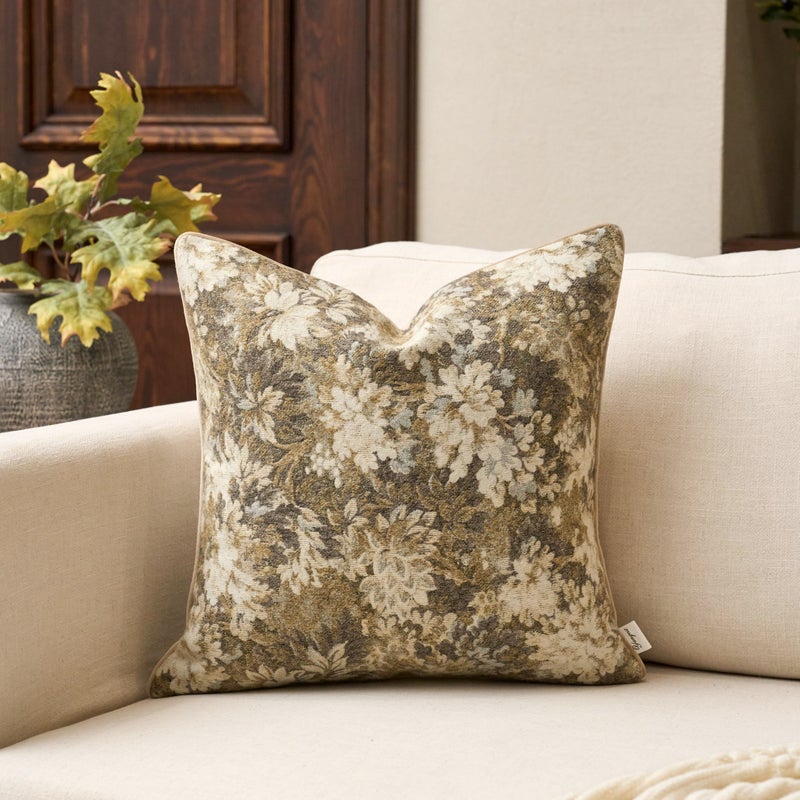 Yangest Neutral Floral Pillow Cover 20 x 20 Inches, Vintage Chenille Square Throw Pillow Cover Soft Decorative Farmhouse Accent Couch Pillow Cover for Living Room Bedroom, Beige - Image 1