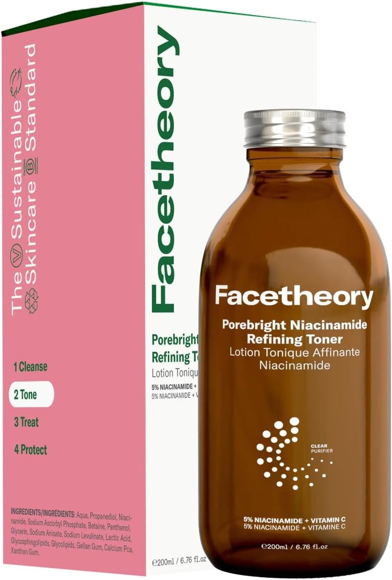 facetheory Porebright Niacinamide Refining Toner 5 Niacinamide Vitamin C Evens Skin Tone Pore Refining Vegan CrueltyFree 200 ml