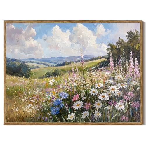 Prabahdak Framed Canvas Wall Art Prints Wildflower Oil Painting Aesthetic Room Decor Nature Rural Wilderness Landscape Poster Pictures Prints for Bathroom, Bedroom LivingRoom 8×10inch - Image 1