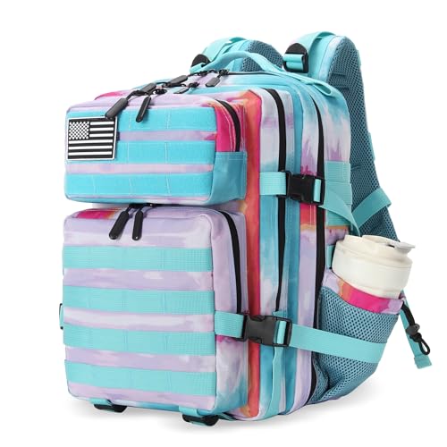 Lovelinks21 25L Tactical Military Backpack Small Travel Backpack for Men and Women Assault Pack Bug Out Bag Molle Daypack Gym Backpack with Bottle Holder (Rainbow Tie Dye) - Image 1