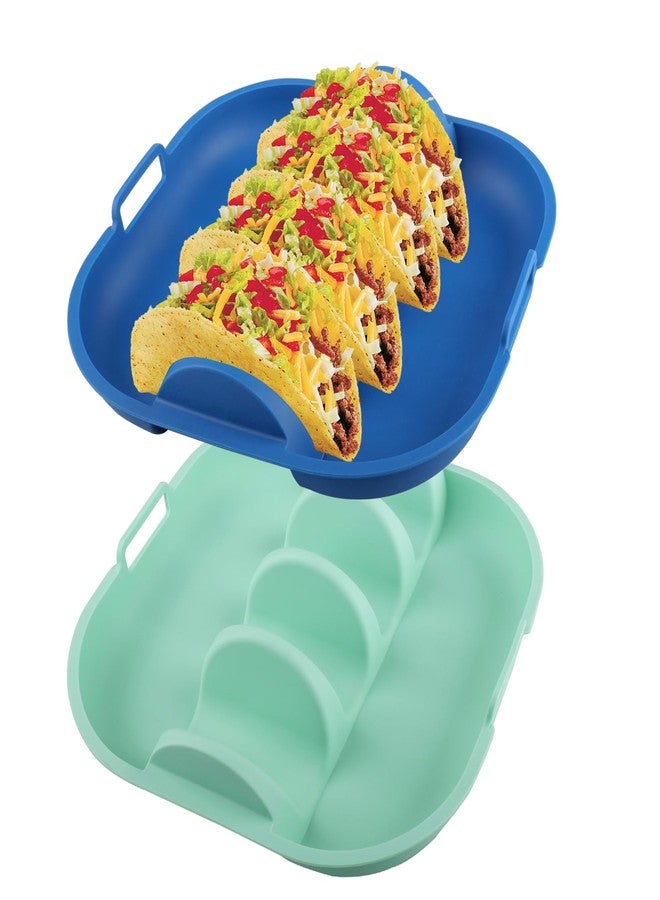 Velicber Silicone Taco Holder Set of 2, Non-Slip Taco Plates with Dividers, Reusable Fit for Kitchen, Party, Restaurants - Microwave and Dishwasher Safe, Blue and Green - Image 1