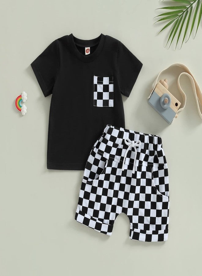 Karuedoo Baby Boy Girl Summer Outfits Checkered Plaid Short Sleeve T-Shirt Top Shorts Set Trendy Toddler Checkerboard Outfit (A-Black, 12-18 Months) - Image 2